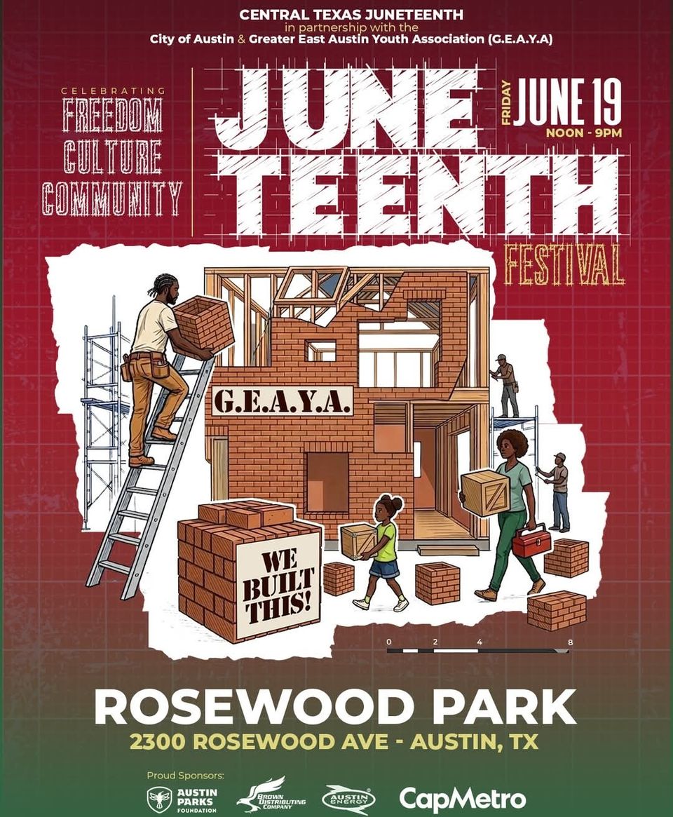 Festival de Juneteenth del Centro de Texas — Viernes 19 de junio, de mediodía a 9 p.m., Rosewood Park, 2300 Rosewood Ave, Austin TX