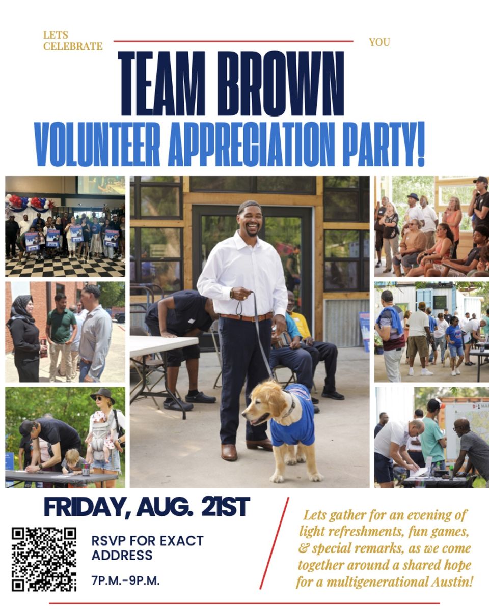 Fiesta de Agradecimiento a los Voluntarios de Team Brown — Viernes 21 de agosto, de 7 p.m. a 9 p.m. Confirmen asistencia para recibir la dirección exacta. Una noche de refrigerios ligeros, juegos divertidos y palabras especiales.